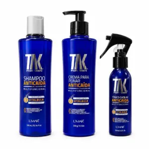 Kit TAC For Men anticaída: shampoo 300ml, crema para peinar 300g y tónico capilar 120ml en envases azules con tecnología Vitalbulb para densidad capilar.